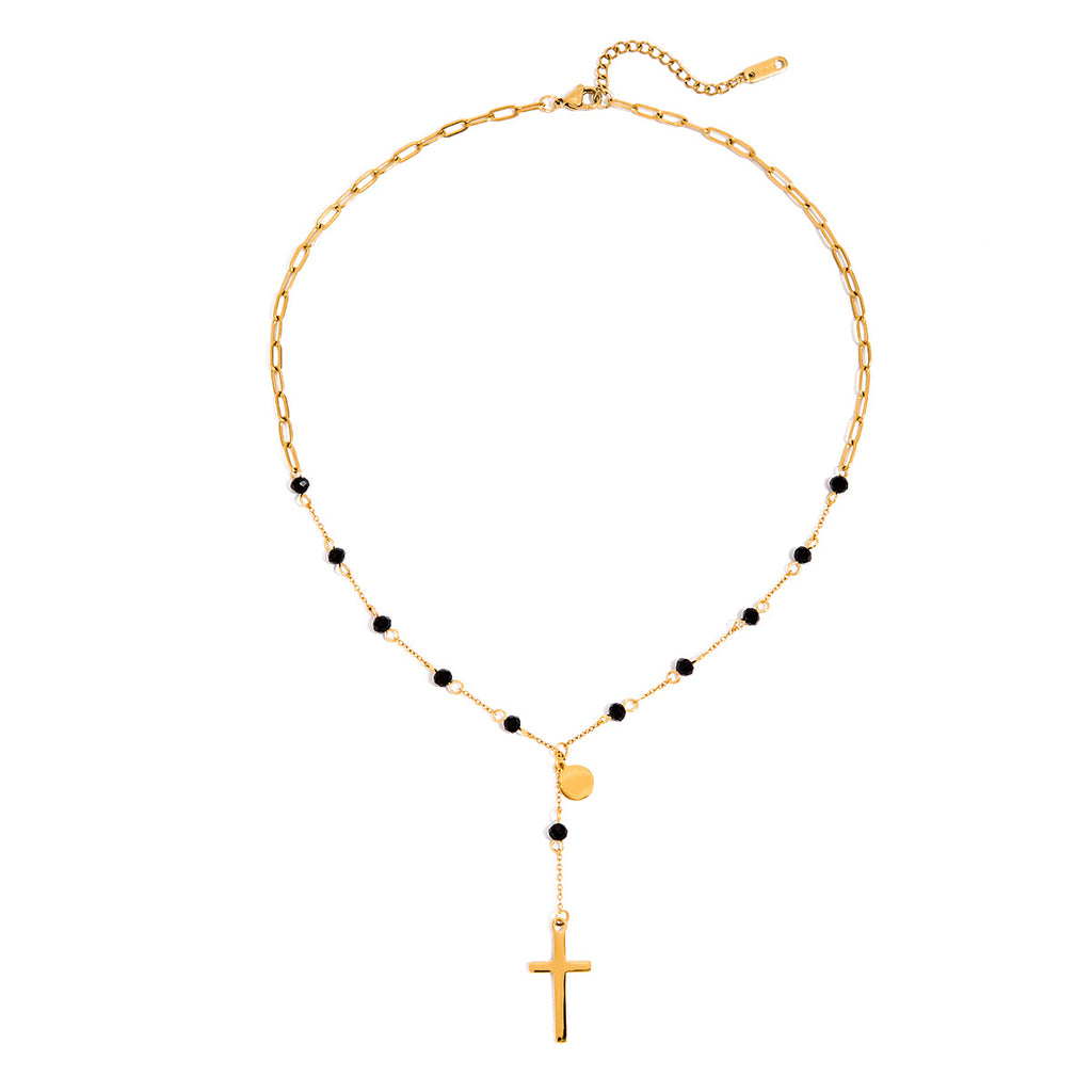 Damen Halskette mit filigranem Kreuzanhänger und schwarzen Edelsteinakzenten Shop Nory