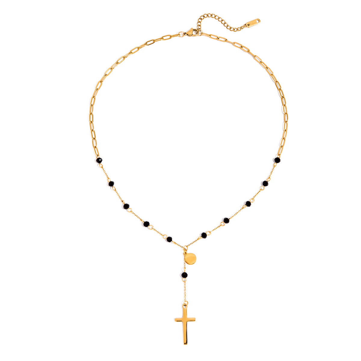 Damen Halskette mit filigranem Kreuzanhänger und schwarzen Edelsteinakzenten Shop Nory