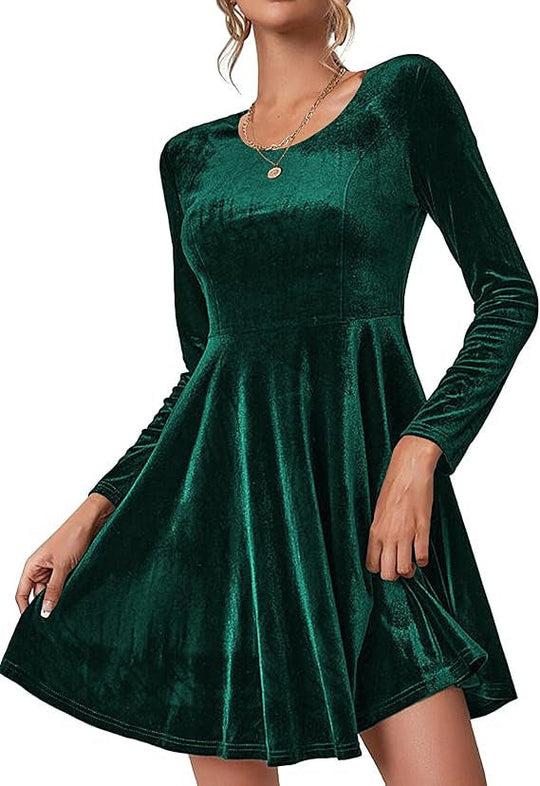 Damen Elegantes Samtkleid mit geschwungenem Saum und langen Ärmeln