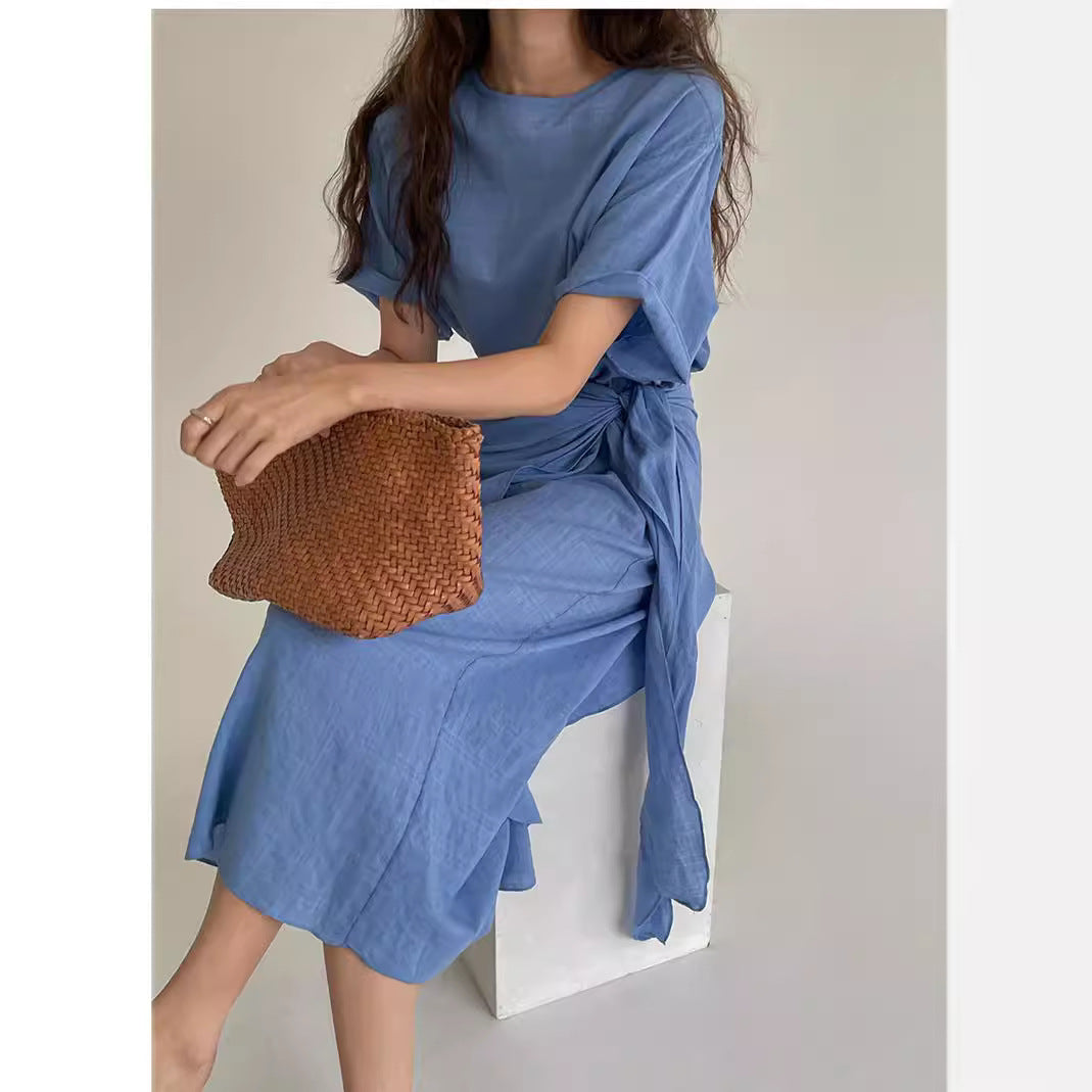 Damen Midi-Kleid mit seitlicher Knotendrapierung, überschnittener Kurzarm und gerader Silhouette Shop Nory