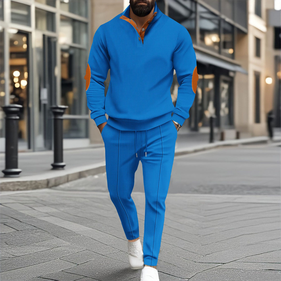 Herren nan feinstrukturiertes Halbkragen-Sweatshirt mit Knopfleiste, dekorativen Ellbogenpatches und legerem Saumabschluss Shop Nory