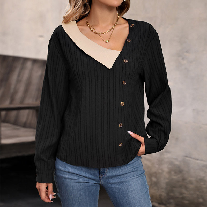 Damen Rippstrick-Top mit asymmetrischer Knopfleiste und kontrastierendem V‑Einsatz Shop Nory