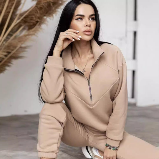 Damen Zweiteiliges Sweat-Loungewear-Set mit Troyer-Reißverschluss und elastischer Jogginghose Shop Nory