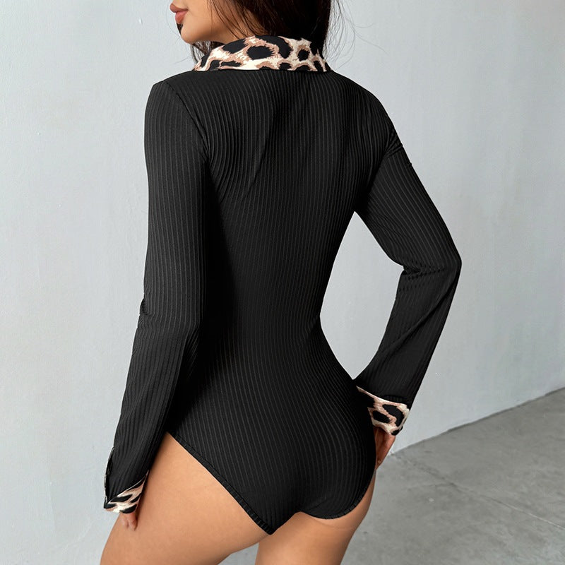 Damen Eleganter Langarm Bodys mit Leopardenkragen Shop Nory