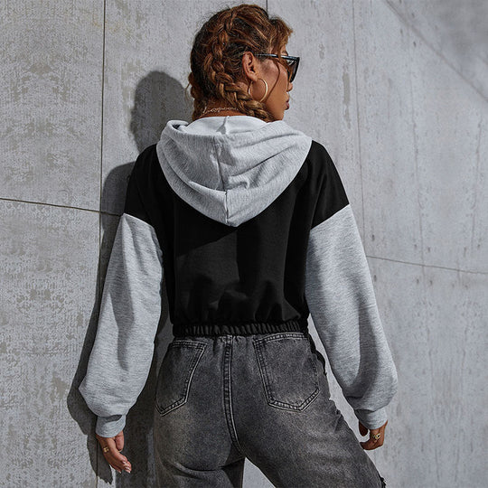 Damen Kurz geschnittener Colorblock-Kapuzenpullover mit Tunnelzug, elastischem Saum und Print Shop Nory