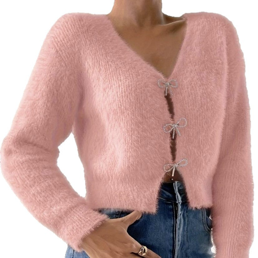 Damen Flauschiger Cropped-Cardigan mit V-Ausschnitt und Schleifen‑Verschlüssen Shop Nory