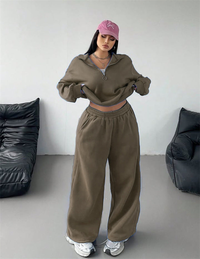 Damen Samt-Cropped-Ziphoodie und weit geschnittene High-Waist Palazzo-Jogginghose Shop Nory