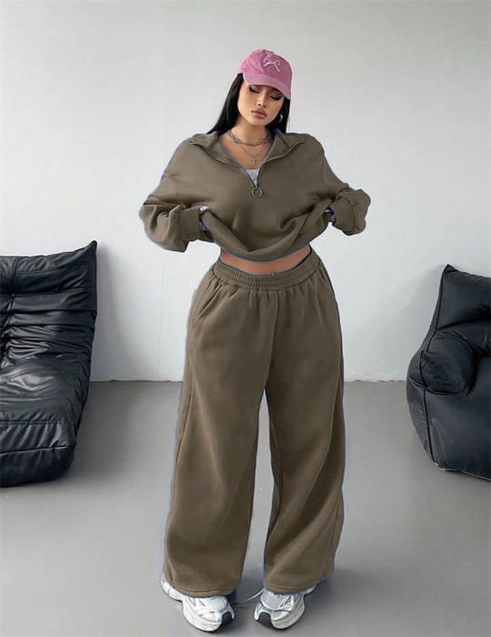 Damen Samt-Cropped-Ziphoodie und weit geschnittene High-Waist Palazzo-Jogginghose Shop Nory