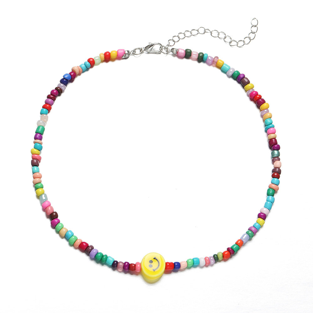 Damen Halskette mit bunten Perlen und Smiley-Anhänger Shop Nory