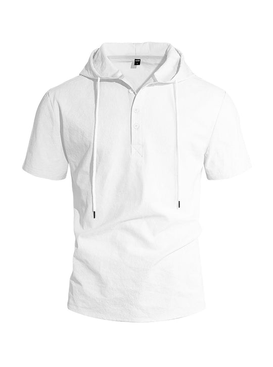 Herren nan kurzärmeliges Kapuzen-Henley aus Slub-Baumwolle mit verdeckter Knopfleiste und Kordelzug