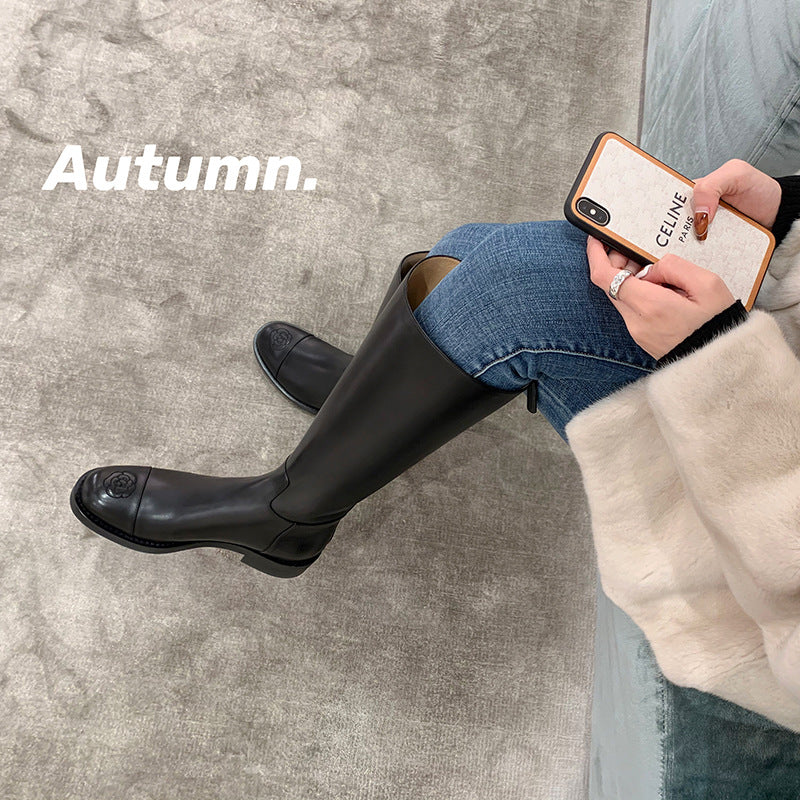 Damen Kniehohe Reitstiefel aus Glattleder mit geprägter Blumen-Zehenkappe Shop Nory