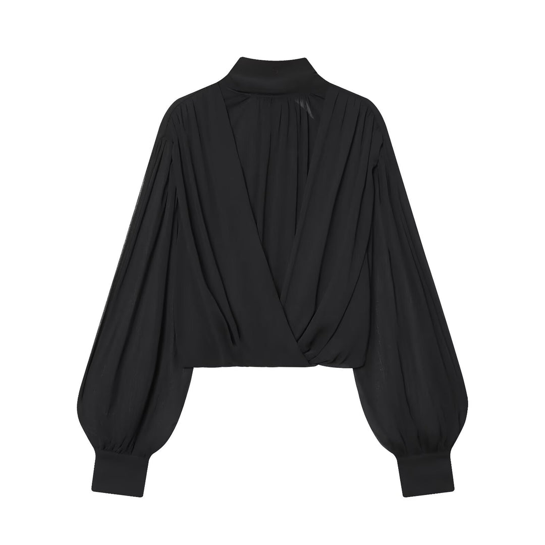 Damen Kurzgeschnittene Wickelbluse mit Stehkragen und voluminösen Ballonärmeln Shop Nory