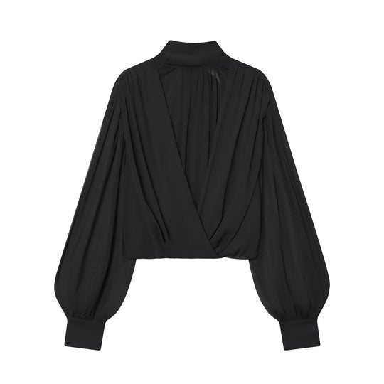 Damen Kurzgeschnittene Wickelbluse mit Stehkragen und voluminösen Ballonärmeln Shop Nory