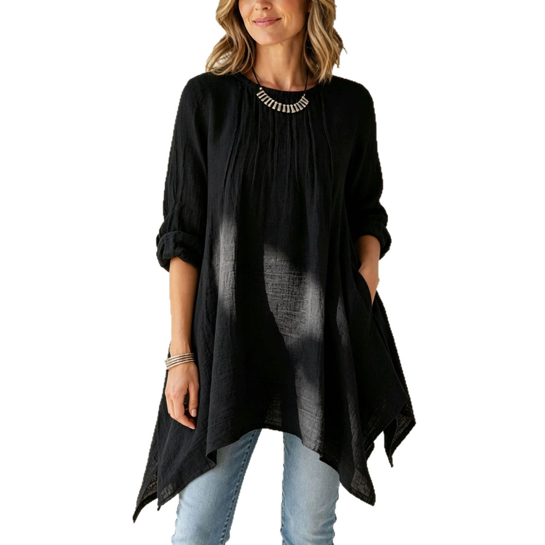 Damen Lässige Tunika-Bluse mit asymmetrischem Saum, feiner Waffelstruktur und Kellerfalten Shop Nory