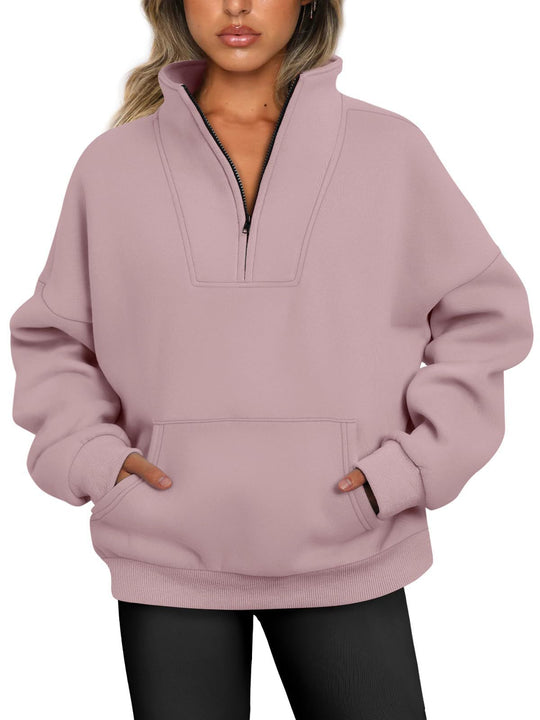 Damen nan oversized Halbzip-Hoodie mit hohem Stehkragen, Kängurutasche und gerippten Bündchen Shop Nory