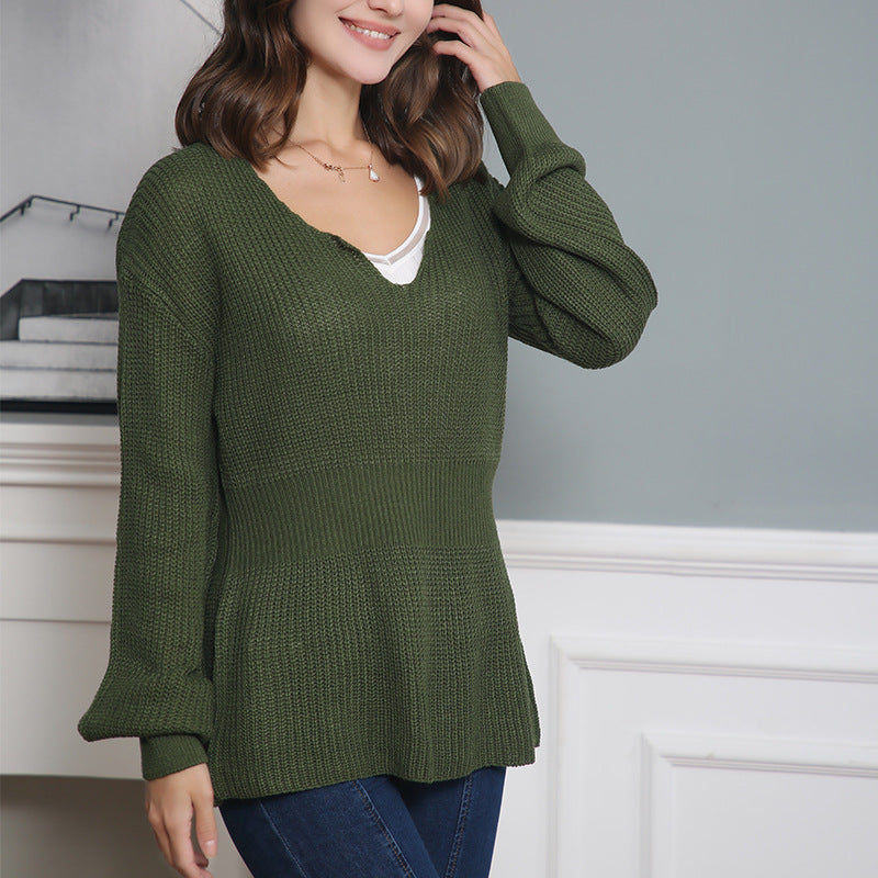 Damen Lockerer Feinstrick-Pullover mit V-Notch-Ausschnitt, Tailliertem Rippbund und Ballonärmeln Shop Nory
