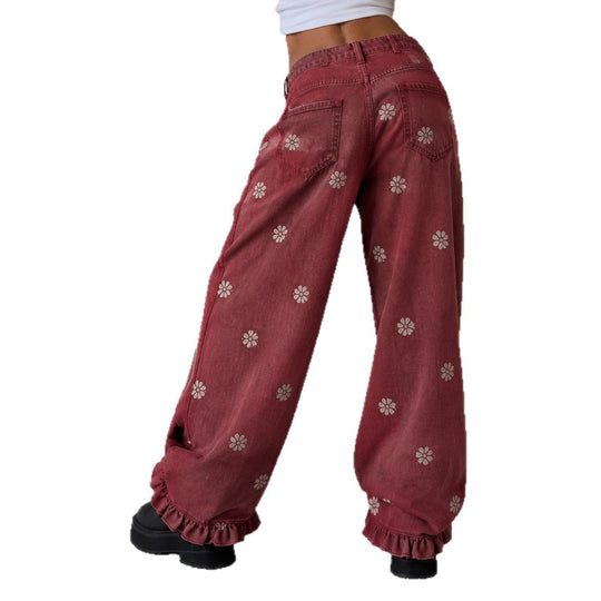 Damen weite Denimhose mit Gänseblümchen-Print, hohem Bund und Rüschenabschluss Shop Nory