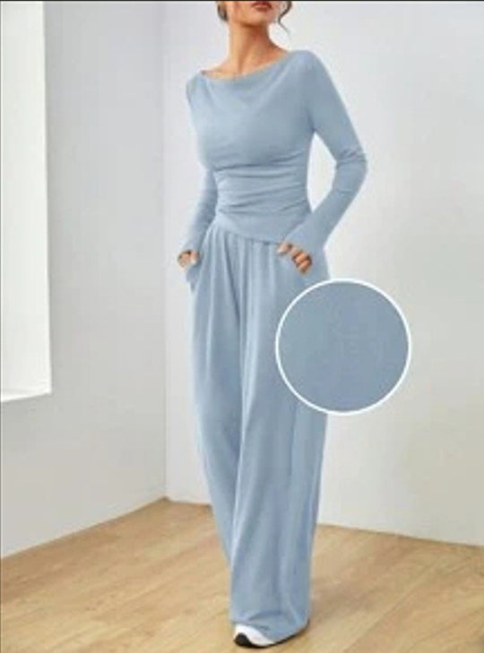 Damen Lässiges Two‑Piece Lounge‑Set mit U‑Boot‑Ausschnitt, taillierter Drapierung und weitem Palazzohose Shop Nory