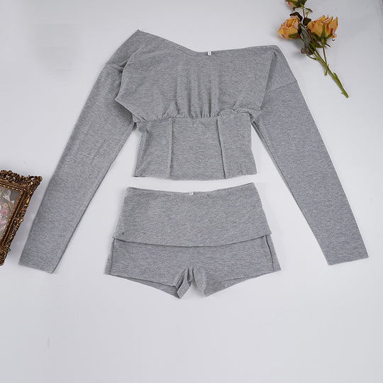 Damen nan asymmetrisches einschulteriges Lounge-Set mit tailliertem gerafftem Crop-Top und hochgeschnittenen Umschlag-Shorts Shop Nory