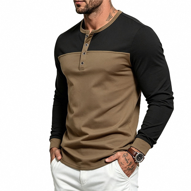 Herren Slim-Fit Henley-Langarmshirt mit Kontrastpaneel und Metallknopfleiste Shop Nory