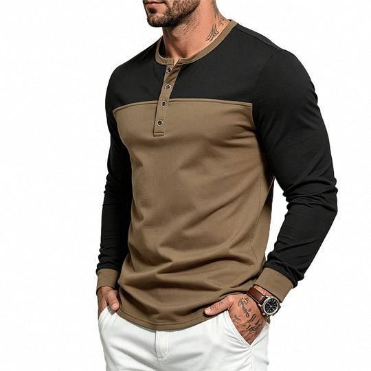 Herren Slim-Fit Henley-Langarmshirt mit Kontrastpaneel und Metallknopfleiste Shop Nory