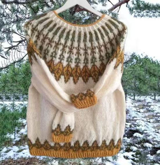 Damen nan melierter Rundhalsausschnittpullover mit kreisförmigem Jacquard-Yoke und geripptem Saum Shop Nory