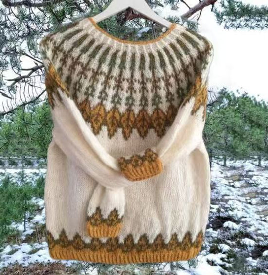 Damen nan melierter Rundhalsausschnittpullover mit kreisförmigem Jacquard-Yoke und geripptem Saum Shop Nory