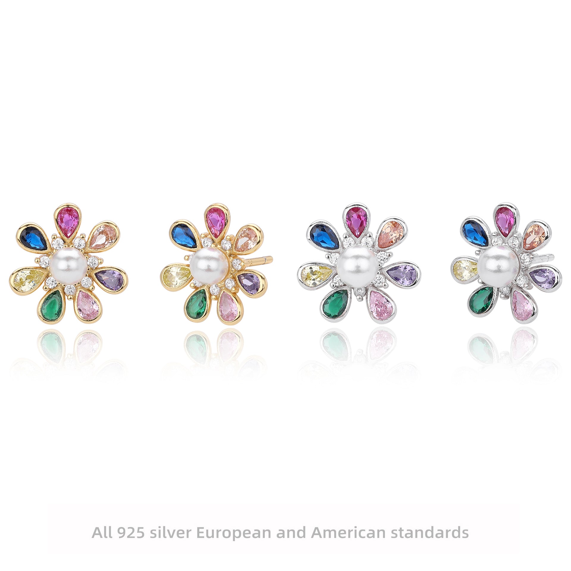 Damen Ohrstecker mit luxuriösem Blumenmotiv aus hochglänzendem 925 Sterling Silber und bunten Zirkonsteinen Shop Nory