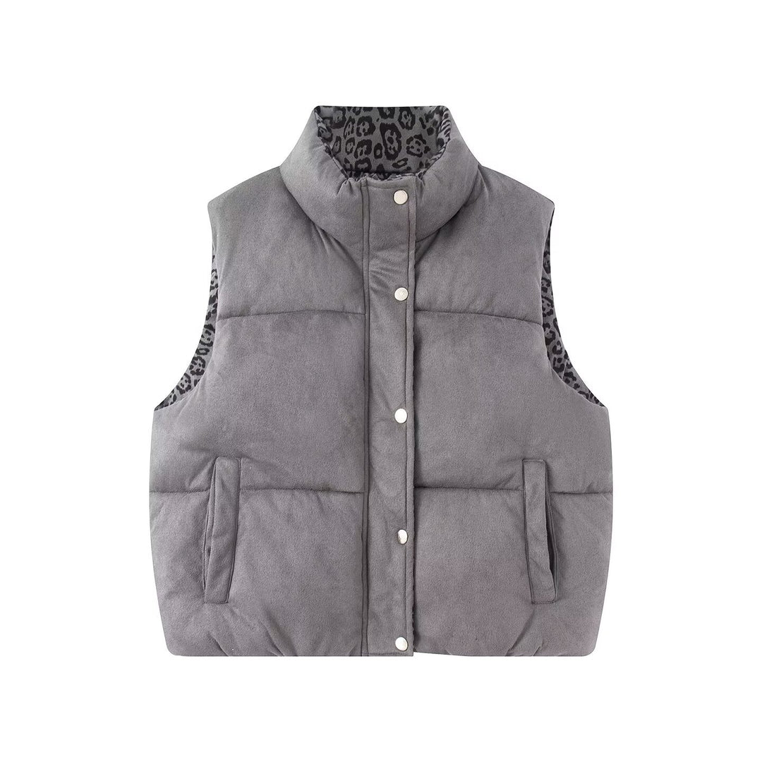 Damen Gepolsterte Steppweste mit hohem Stehkragen und Leoprint-Futter Shop Nory