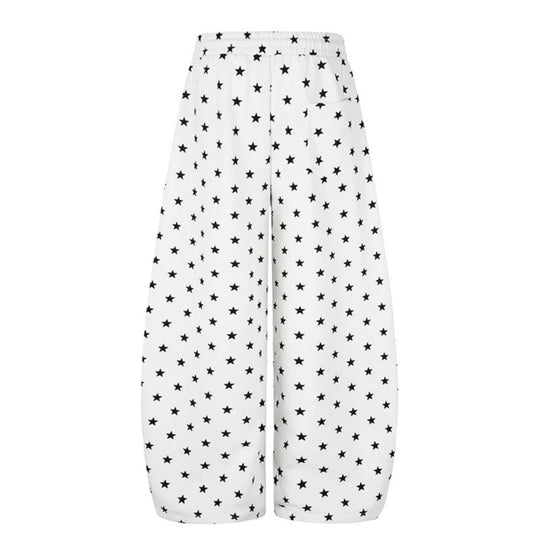 Damen Weite Palazzo-Loungehose mit Sternenallover, Tunnelzugbund und typografischem Print Shop Nory
