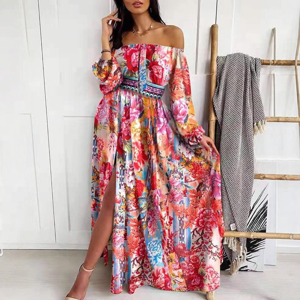 Damen Maxikleid mit offenem Schulterdesign und aufwendigem Barockmuster Shopnory
