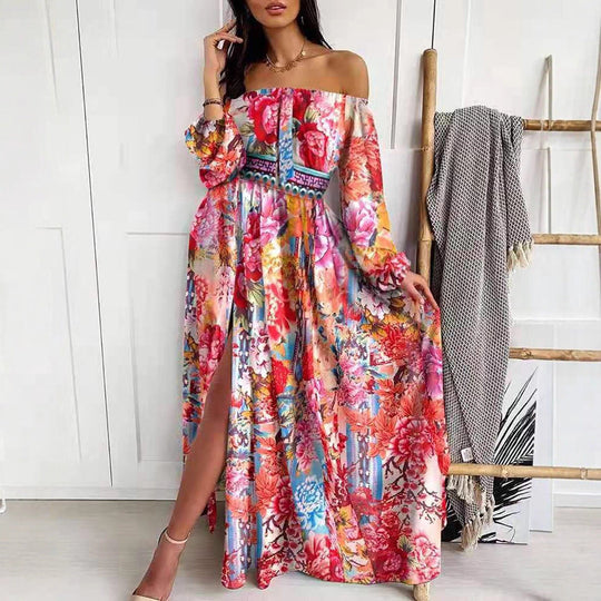 Damen Maxikleid mit offenem Schulterdesign und aufwendigem Barockmuster Shopnory