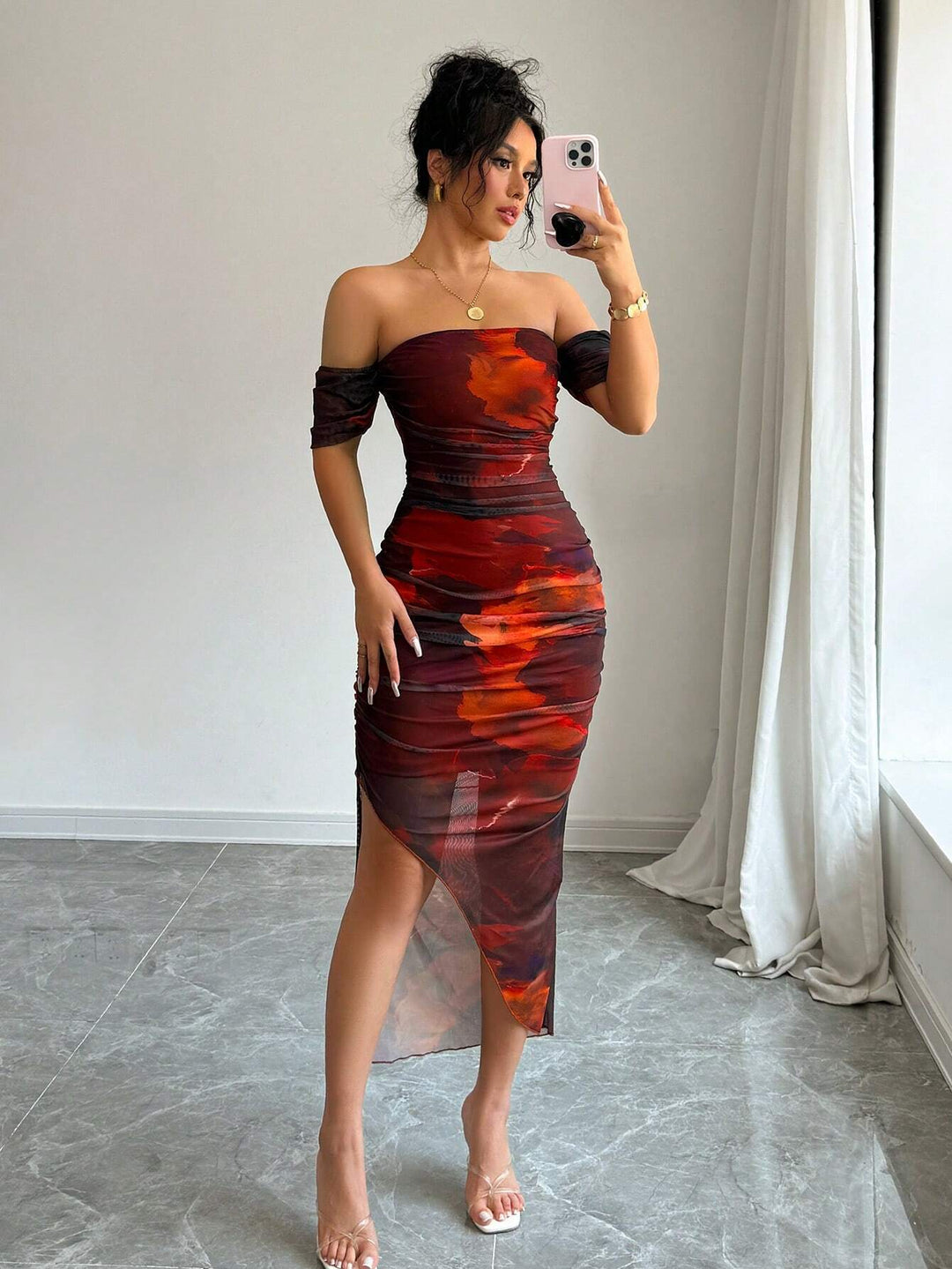 Damen Figurbetontes schulterfreies Maxikleid mit Raffung, Beinschlitz und Aquarell-Print Shop Nory