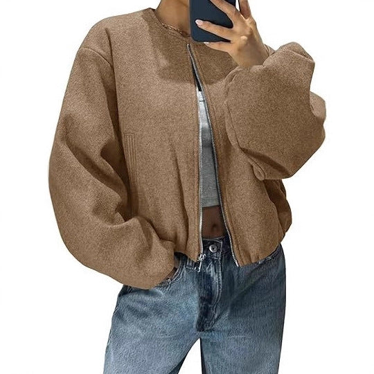 Damen Kurzjacke mit durchgehendem Reißverschluss, Ballonärmeln und elastischem Saum Shop Nory
