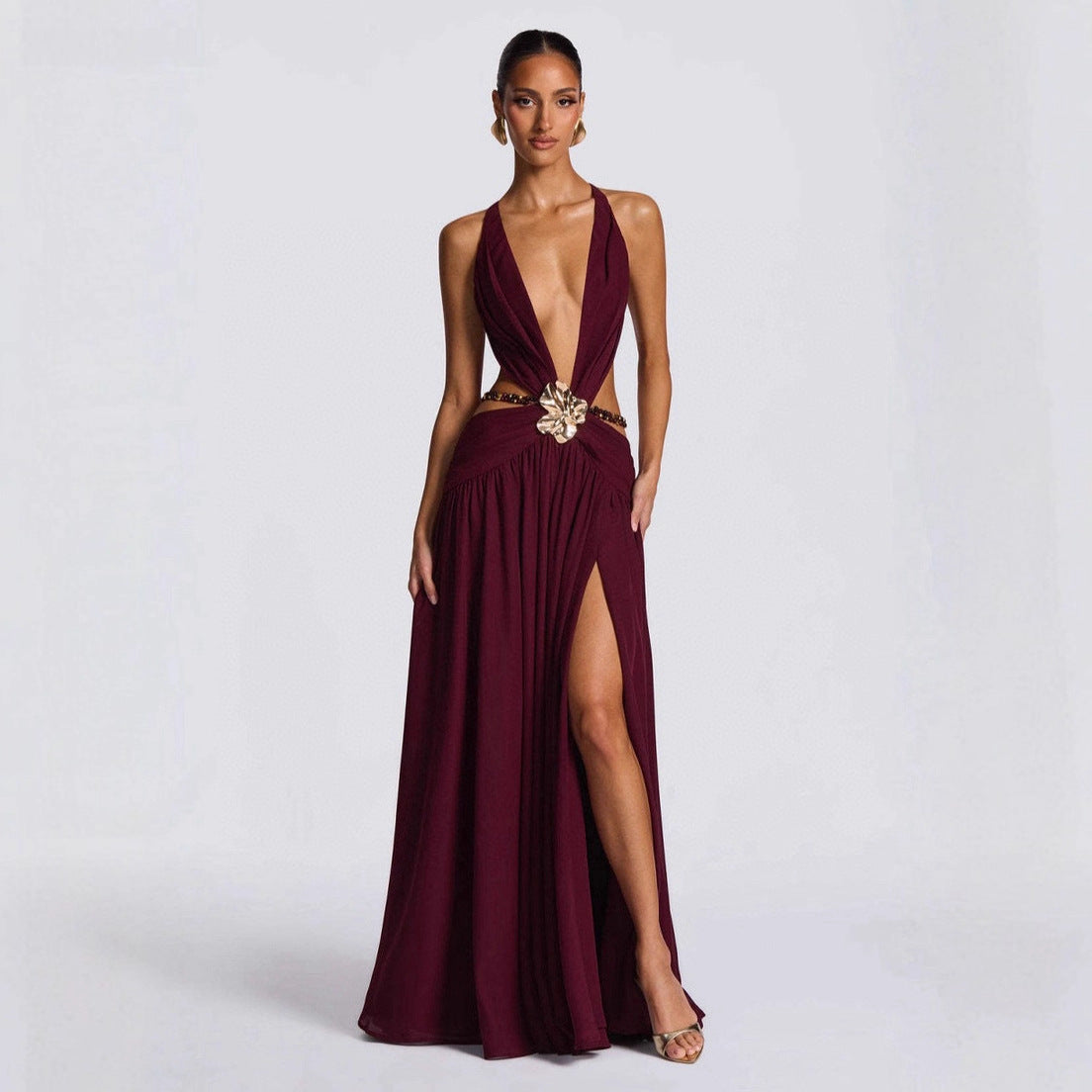 Damen Maxikleid mit tiefem V-Ausschnitt und elegantem Wickeldesign