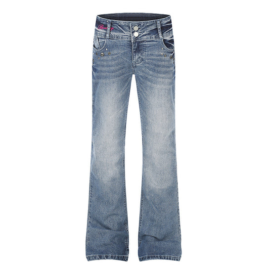 Damen High‑Waist Flared-Jeans mit weitem Bein, Doppelknopf und Nieten-Detail Shop Nory