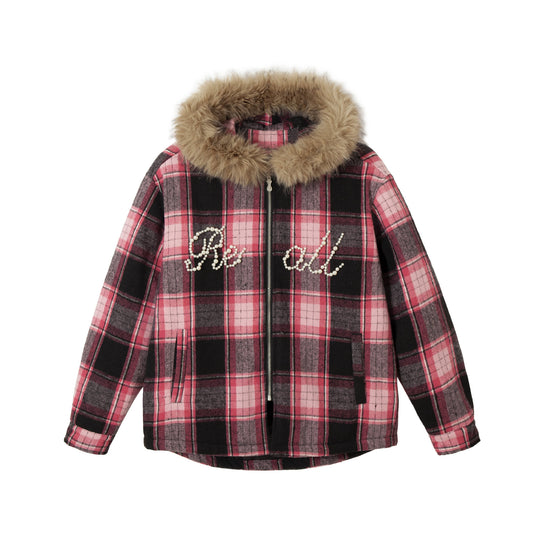 Damen karierter Wollmix-Blouson mit abnehmbarem Kunstfellkragen und Perlenapplikation Shop Nory