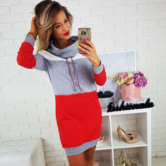 Damen Kapuzenkleid aus Baumwollmix mit Tunnelzug und Kontrastärmeln Shop Nory