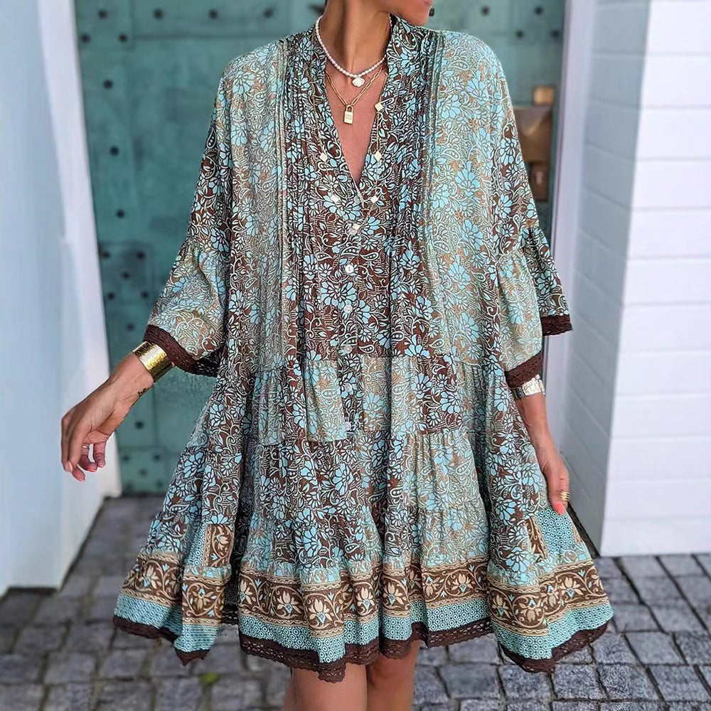 Damen nan luftiges Boho-Stufenkleid mit V-Ausschnitt weiten Fledermausärmeln und Spitzenbordüre Shopnory
