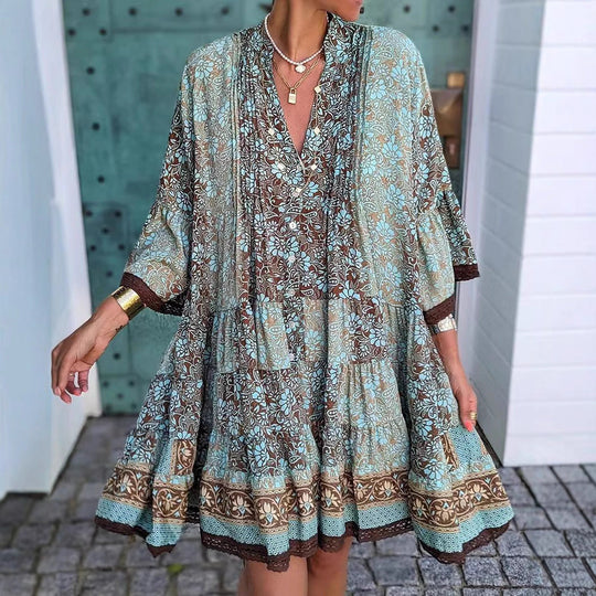 Damen nan luftiges Boho-Stufenkleid mit V-Ausschnitt weiten Fledermausärmeln und Spitzenbordüre Shopnory