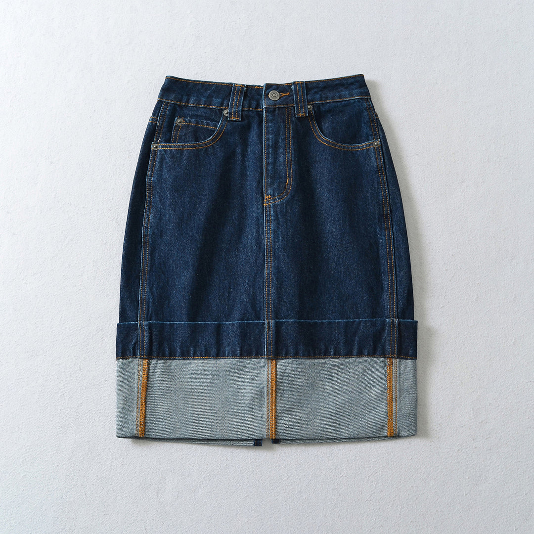 Damen Hochtaillierter Midirock aus Denim mit sichtbaren Nähten und umgeschlagener Saum Shop Nory