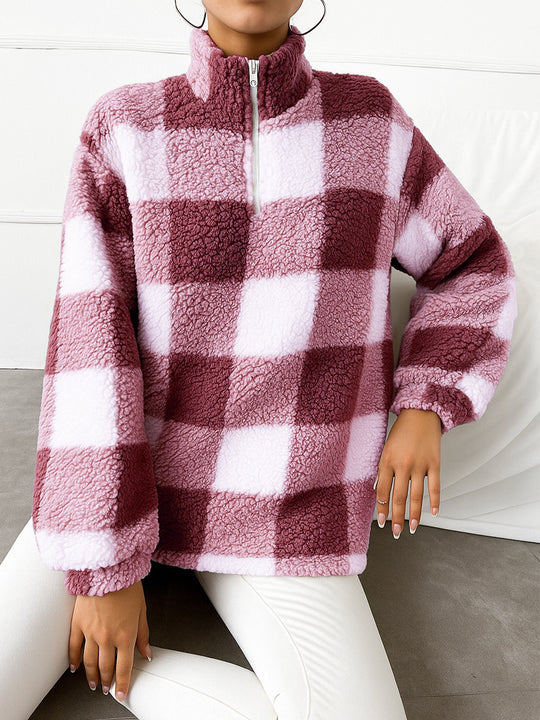 Damen nan kariertes Teddy-Fleece Pullover mit Stehkragen und halbhohem Reißverschluss Shop Nory