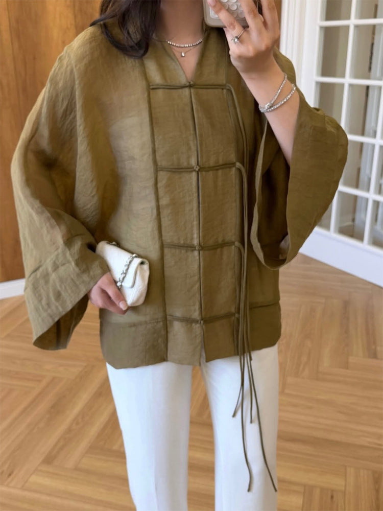 Damen Leinen-Kimonojacke mit weiten Ärmeln, Zierknoten-Grid & Bindegürtel Shop Nory