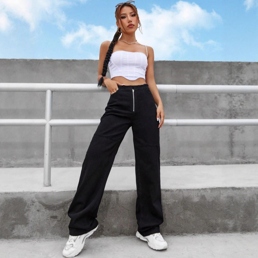 Damen Hochtaillierte Wide-Leg-Jeanshose mit sichtbarem Frontreißverschluss, Knie-Abnähern und rohem Bund Shop Nory
