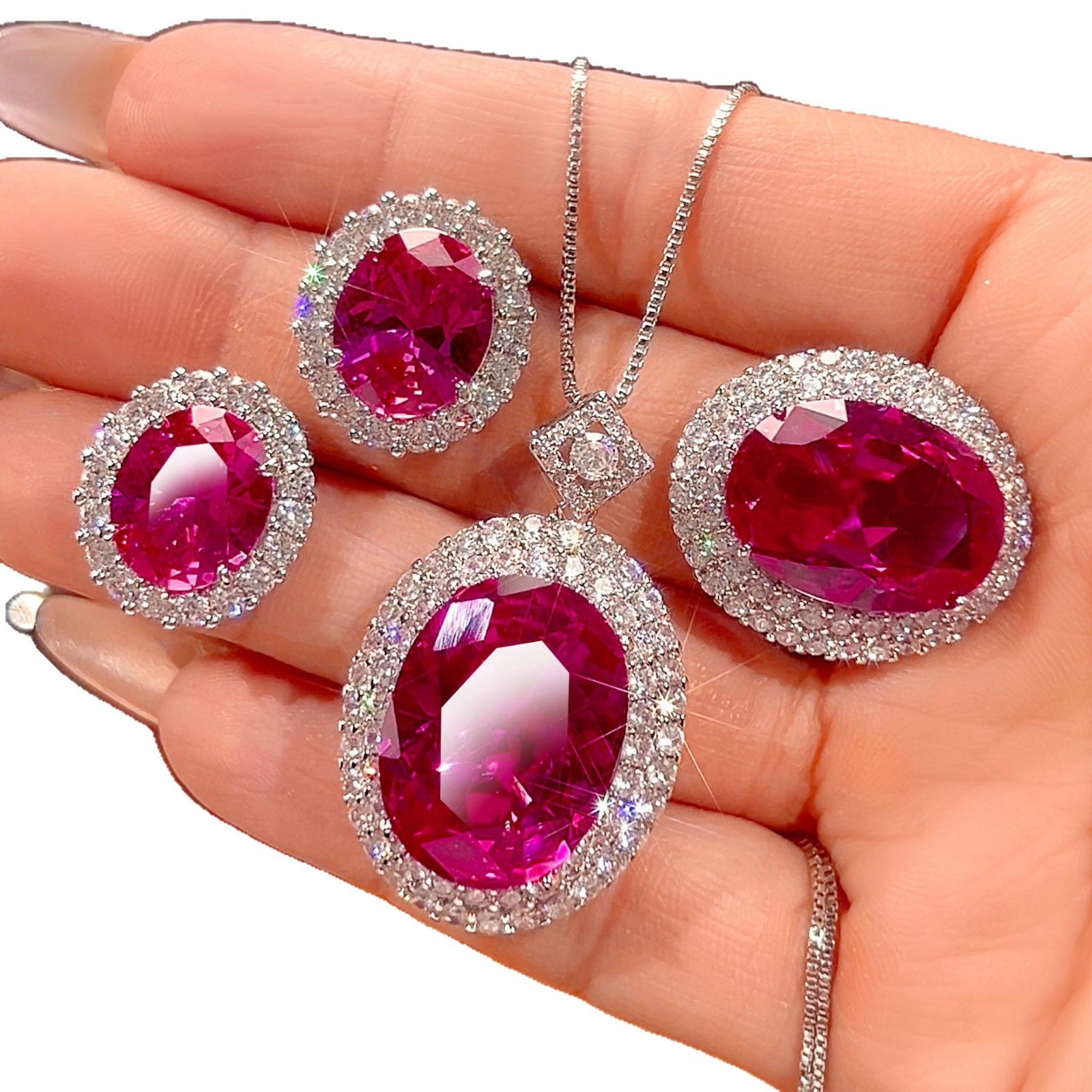 Ovaler Zentrum Edelstein Halo Anhänger und Ohrstecker Set mit Sterling Silberkette und Pavé Zirkonia