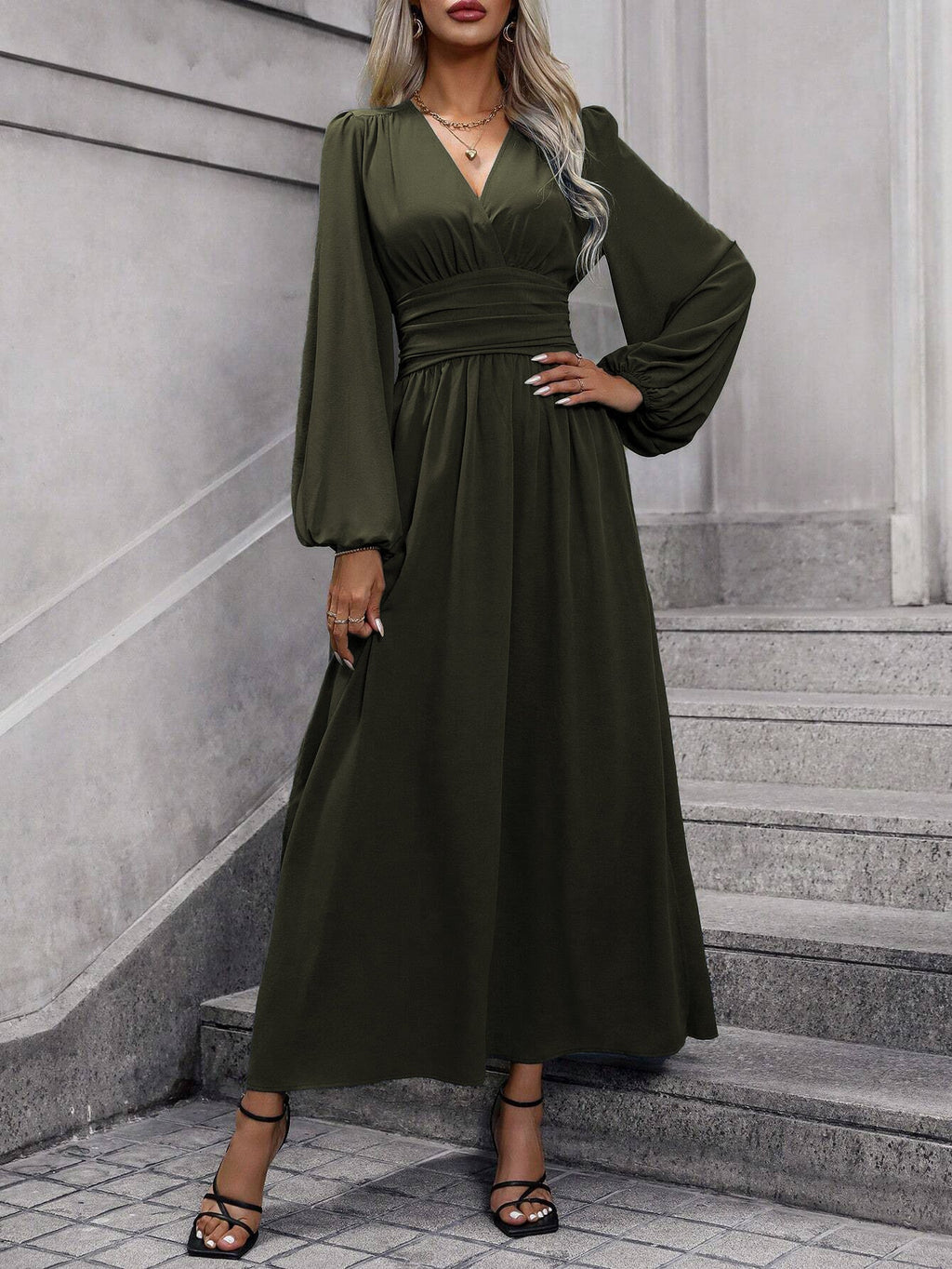 Damen Grecian-Maxikleid Ballonärmel Seitenschlitz