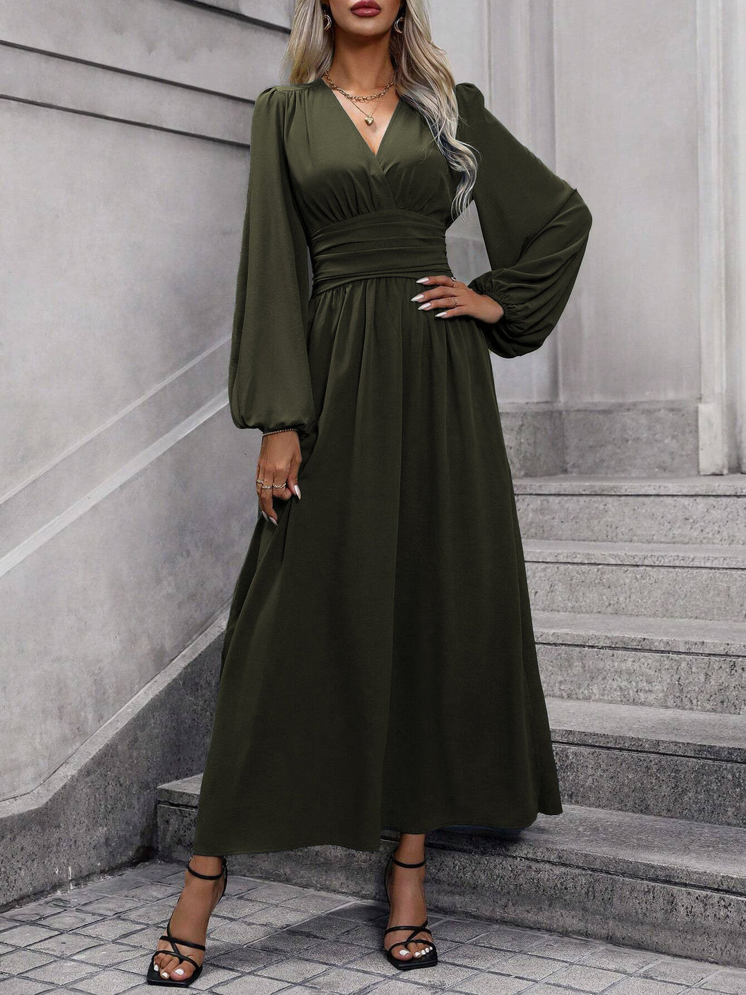 Damen Grecian-Maxikleid Ballonärmel Seitenschlitz