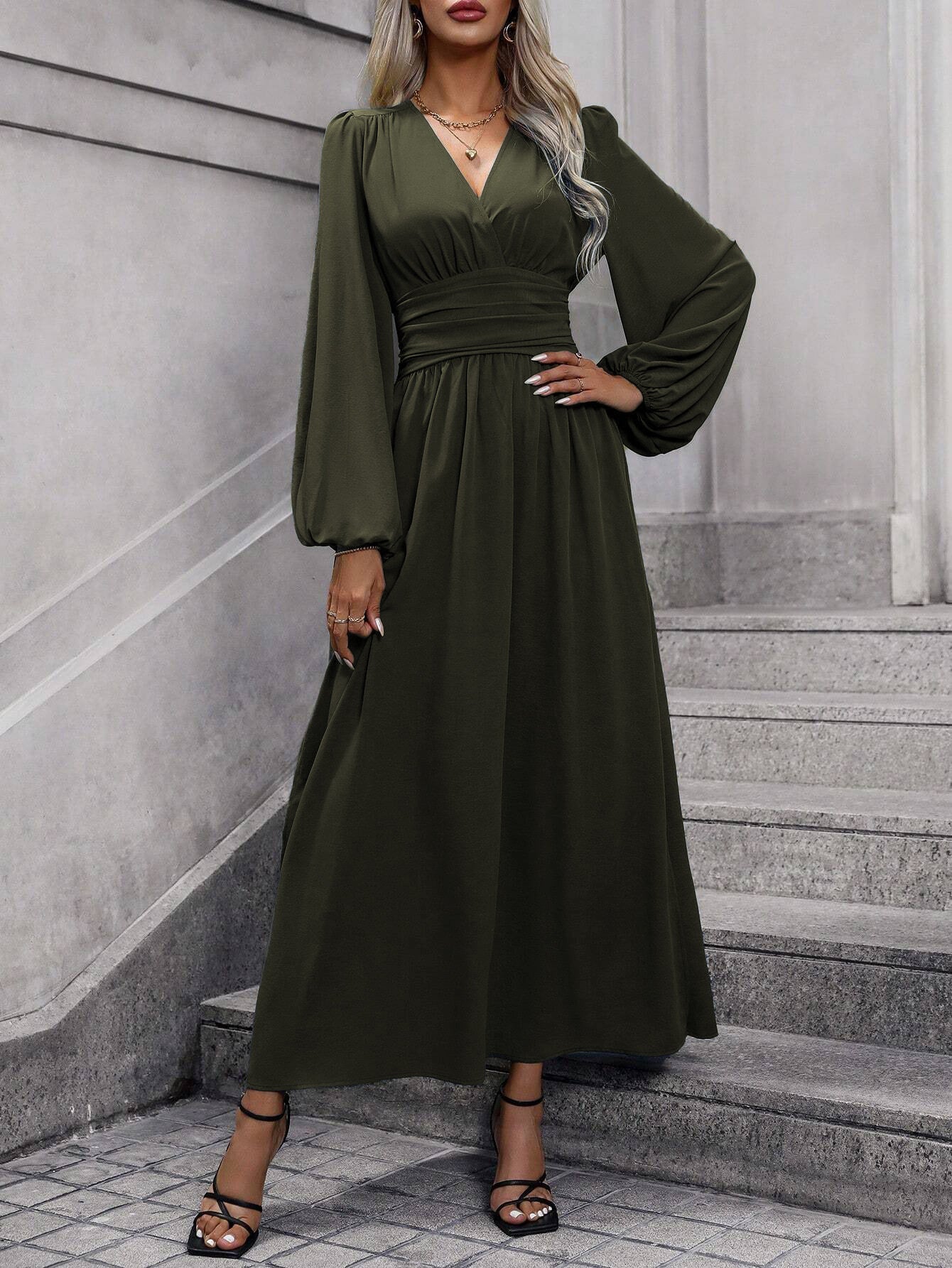 Damen Grecian-Maxikleid Ballonärmel Seitenschlitz