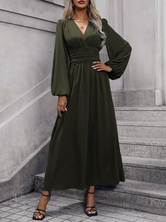 Damen Grecian-Maxikleid Ballonärmel Seitenschlitz