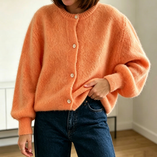 Damen Kuschelige Mohair-Optik Strickjacke mit Rundhals und Ballonärmeln Shop Nory